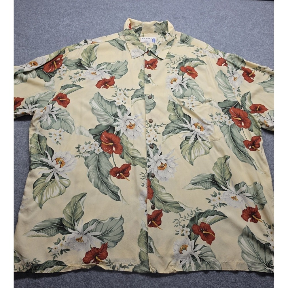 Iolani Mens 3XL Tropical Floral Short Sleeve Hawaiian Shirt Cream Rayon USA
